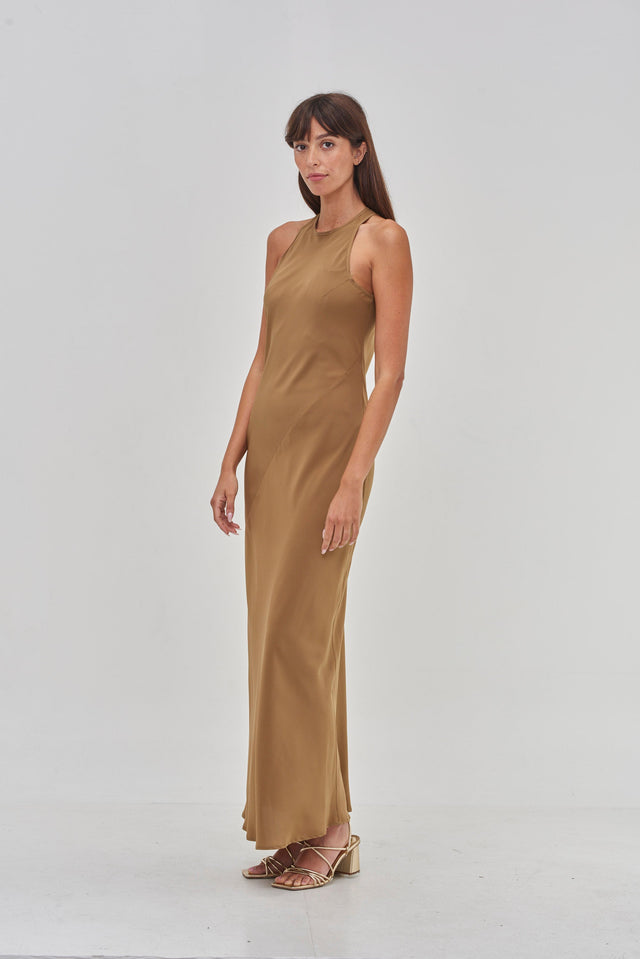 Niki Silk Slip Dress Bronze